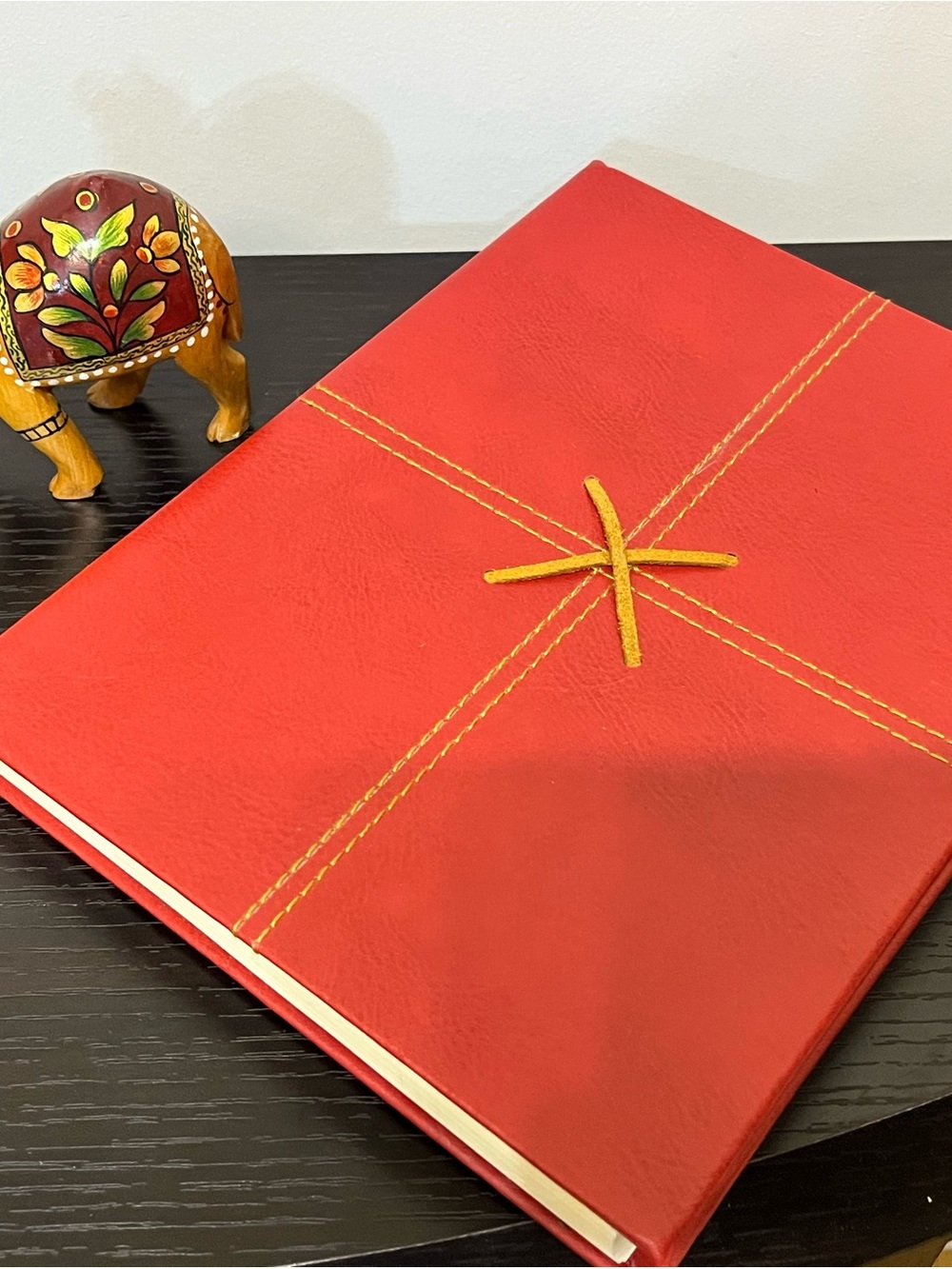 Red Leather Journal Notebook with Decorative Stitching